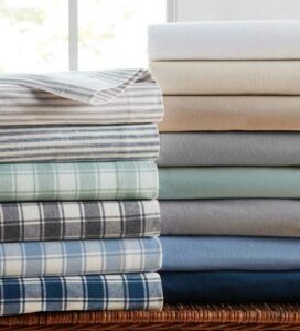 L.L. Bean flannel sheets A stack of L.L. Bean flannel sheets in multiple colors.