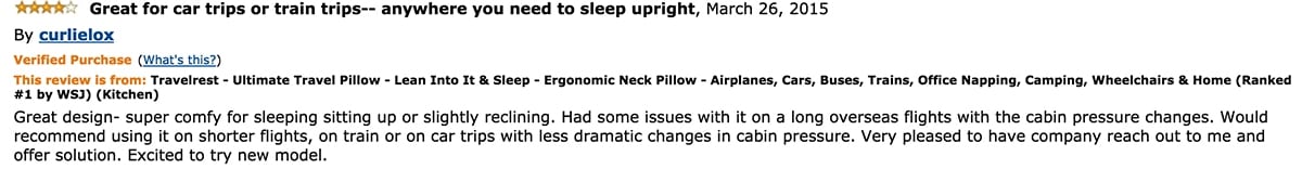 Amazon review of the Travelrest Ultimate Travel Pillow