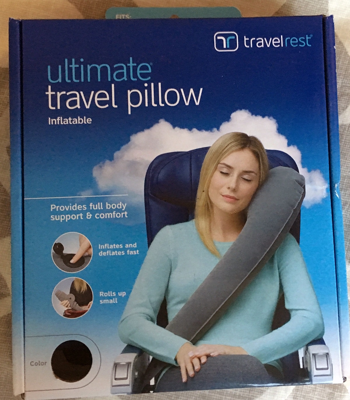 Travelrest Ultimate Inflatable Travel Pillow in packaging