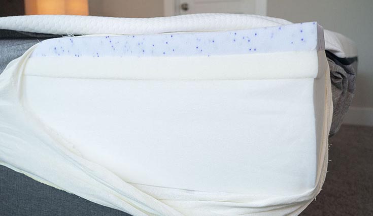 A foam mattress is opened to show its construction.