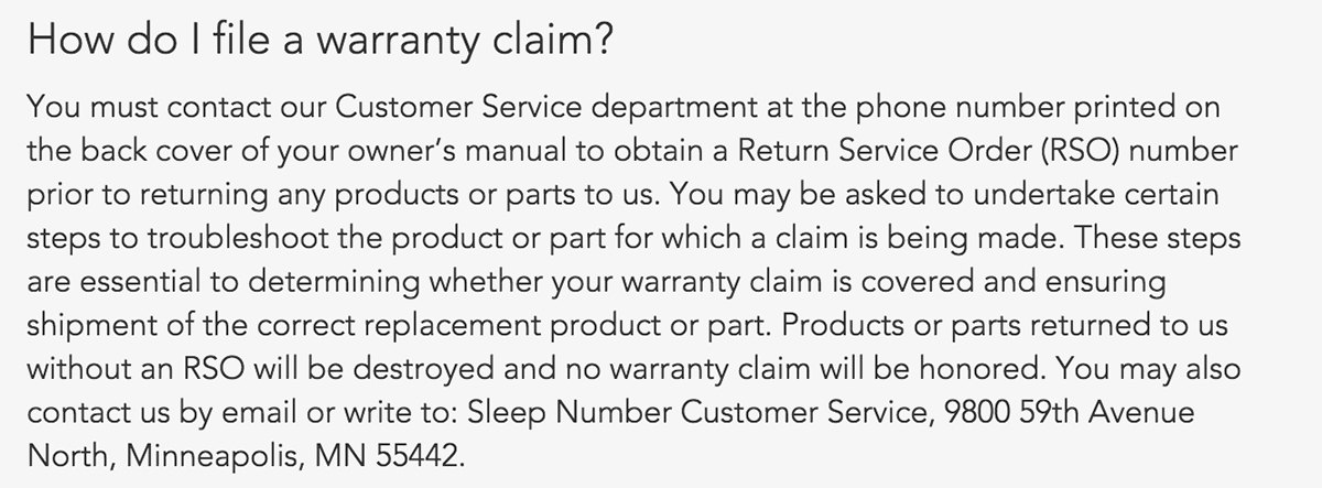 SleepNumberWarrantyClaim
