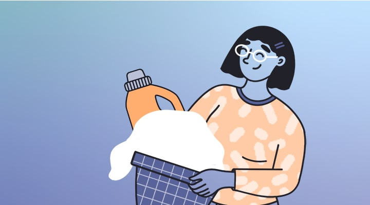 An illustration of a woman carrying a load of laundry