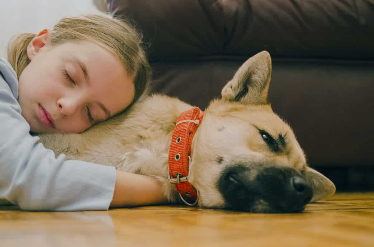 A child hugs her dog