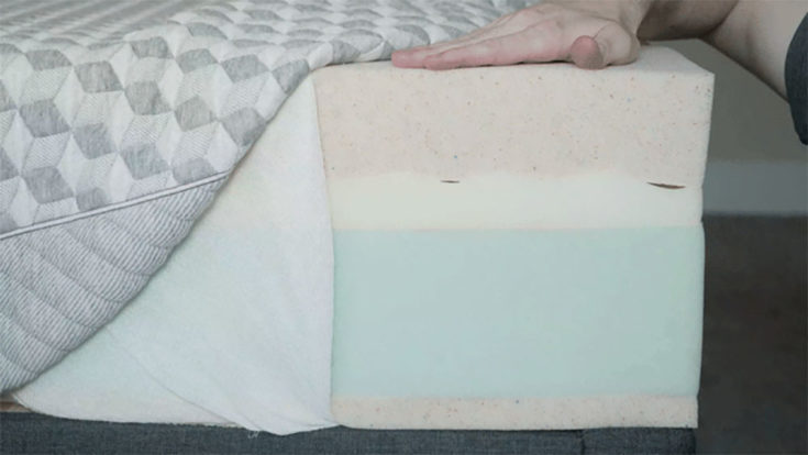 The cover is removed to show the inside of a foam mattress.