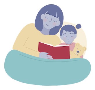 a mother reads her child a bedtime story