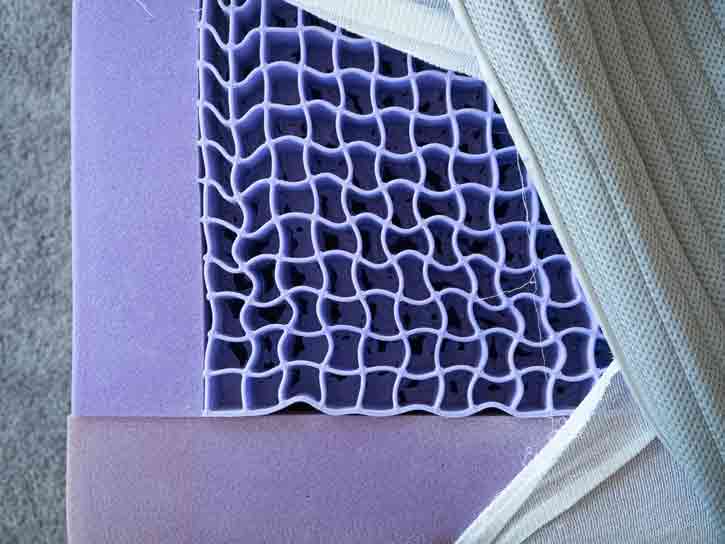 The top of a mattress is opened to show its insides.