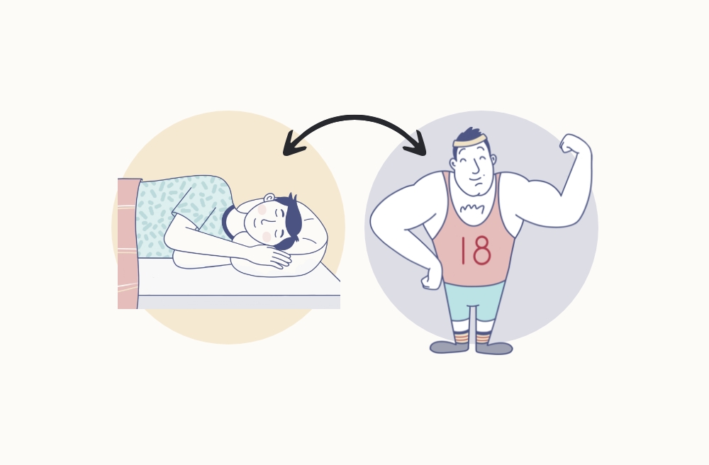 person sleeping with arrow to and from athletic man 