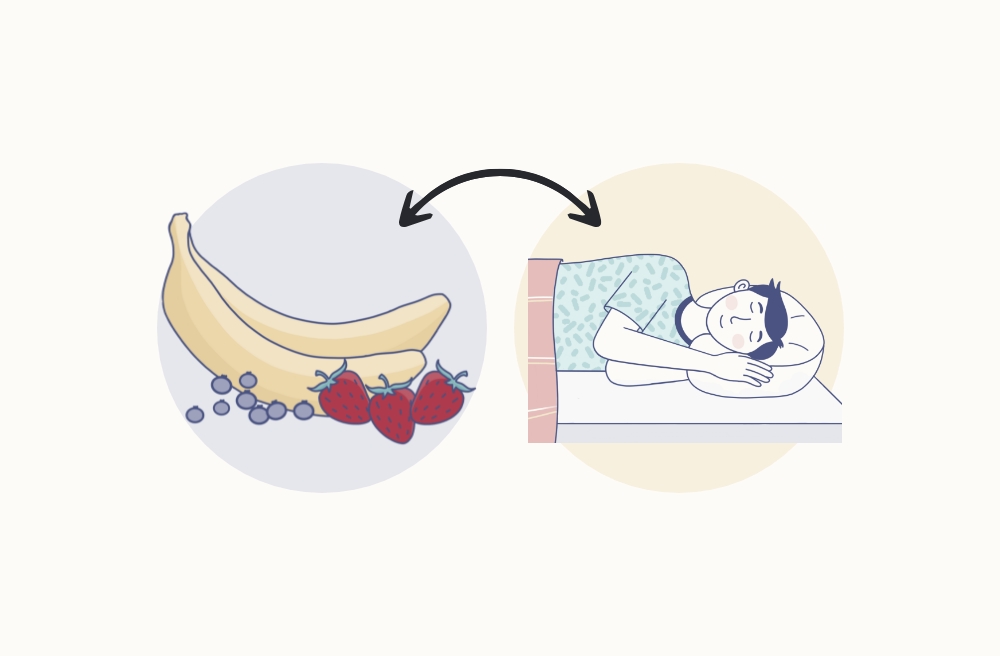 person sleeping with arrow to and from fruit