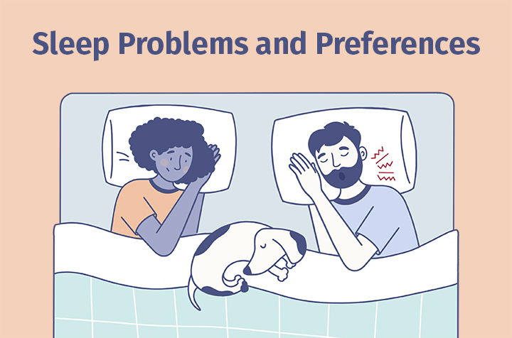 sleep problems and preferences - couple sleeps in bed with a dog