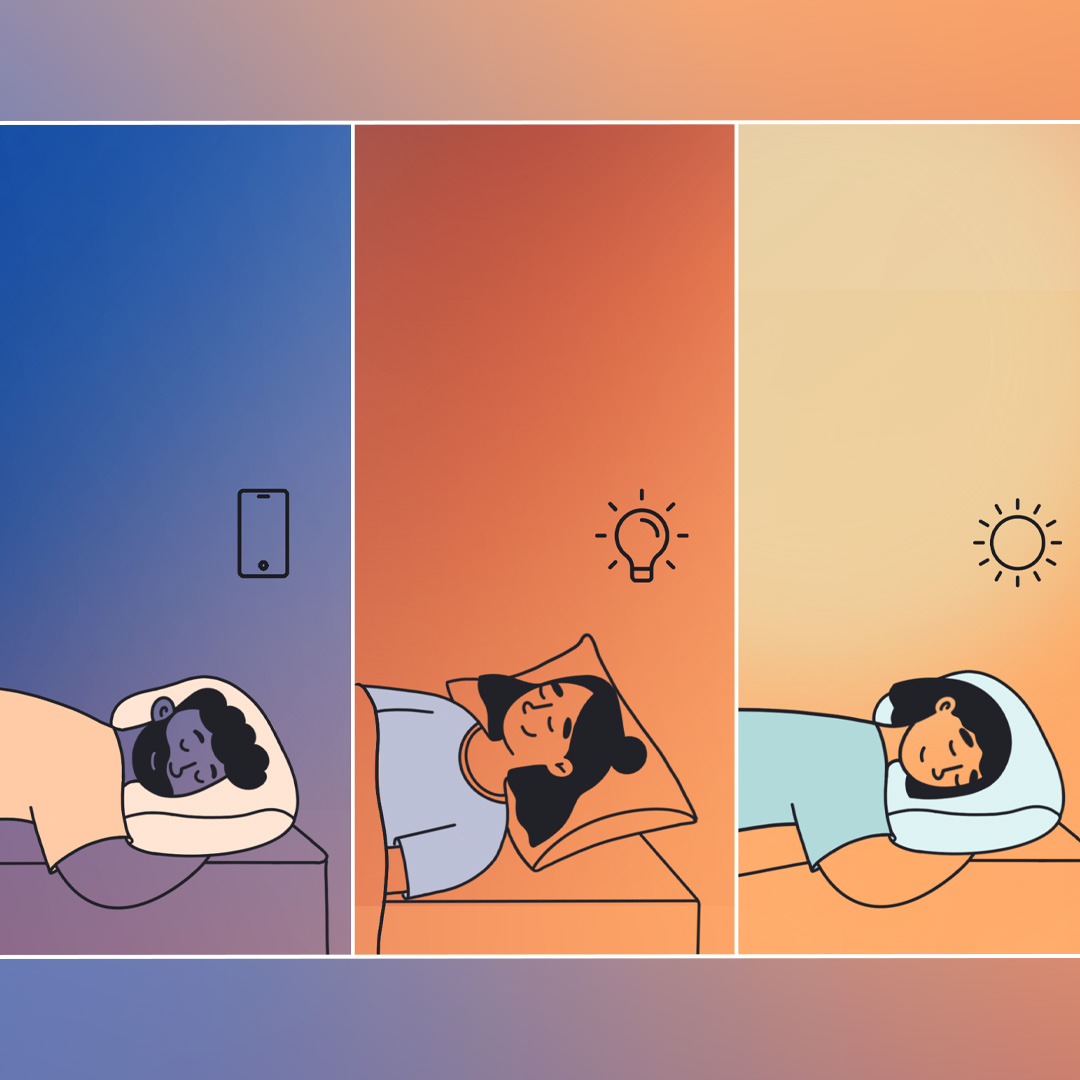 three people sleeping in different colored light