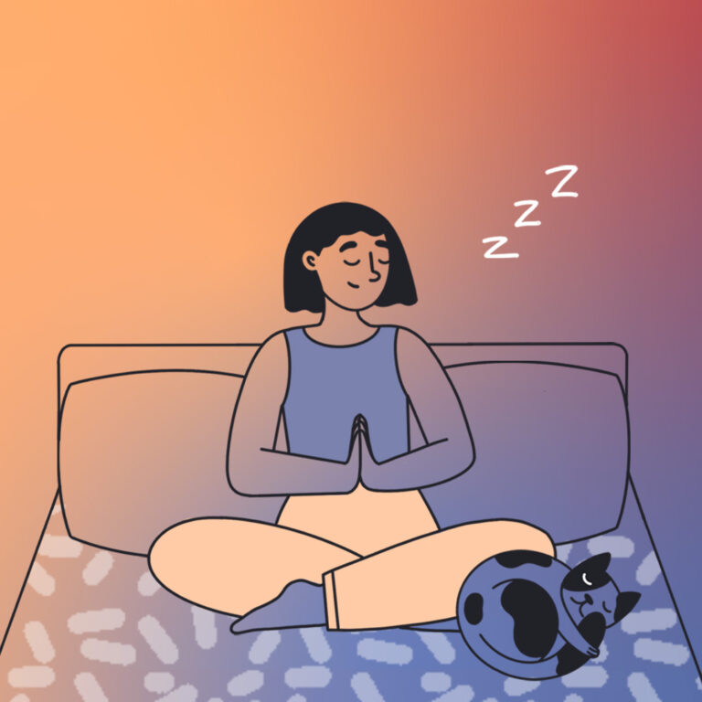 Woman meditating on bed with cat