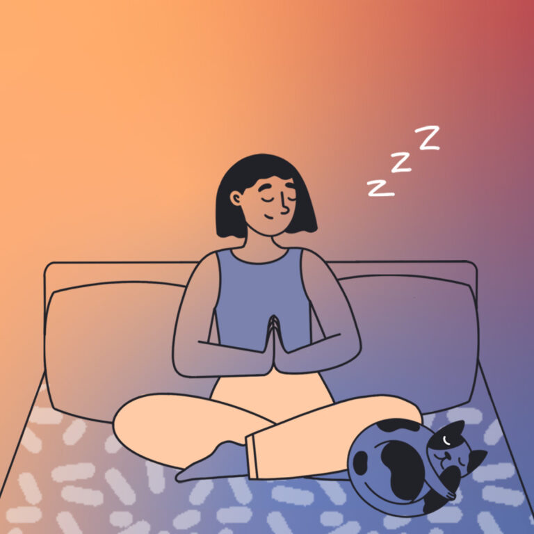 Sleep Health Woman meditating on bed with cat