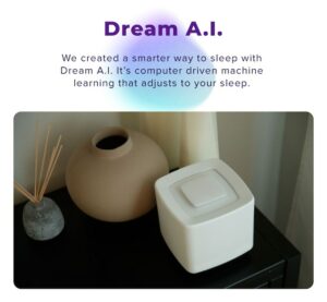 An image of the Dream Machine by Pillow Cube with text that reads: "Dream A.I. We created a smarter way to sleep with Dream A.i. It's computer driven machine learning that adjusts to your sleep."