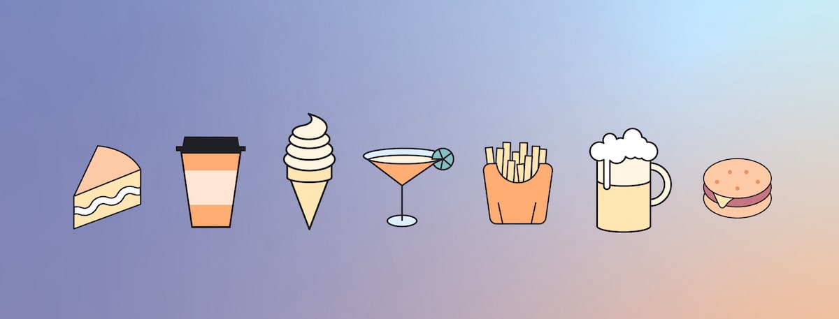 Icons of food and drinks to avoid before bed
