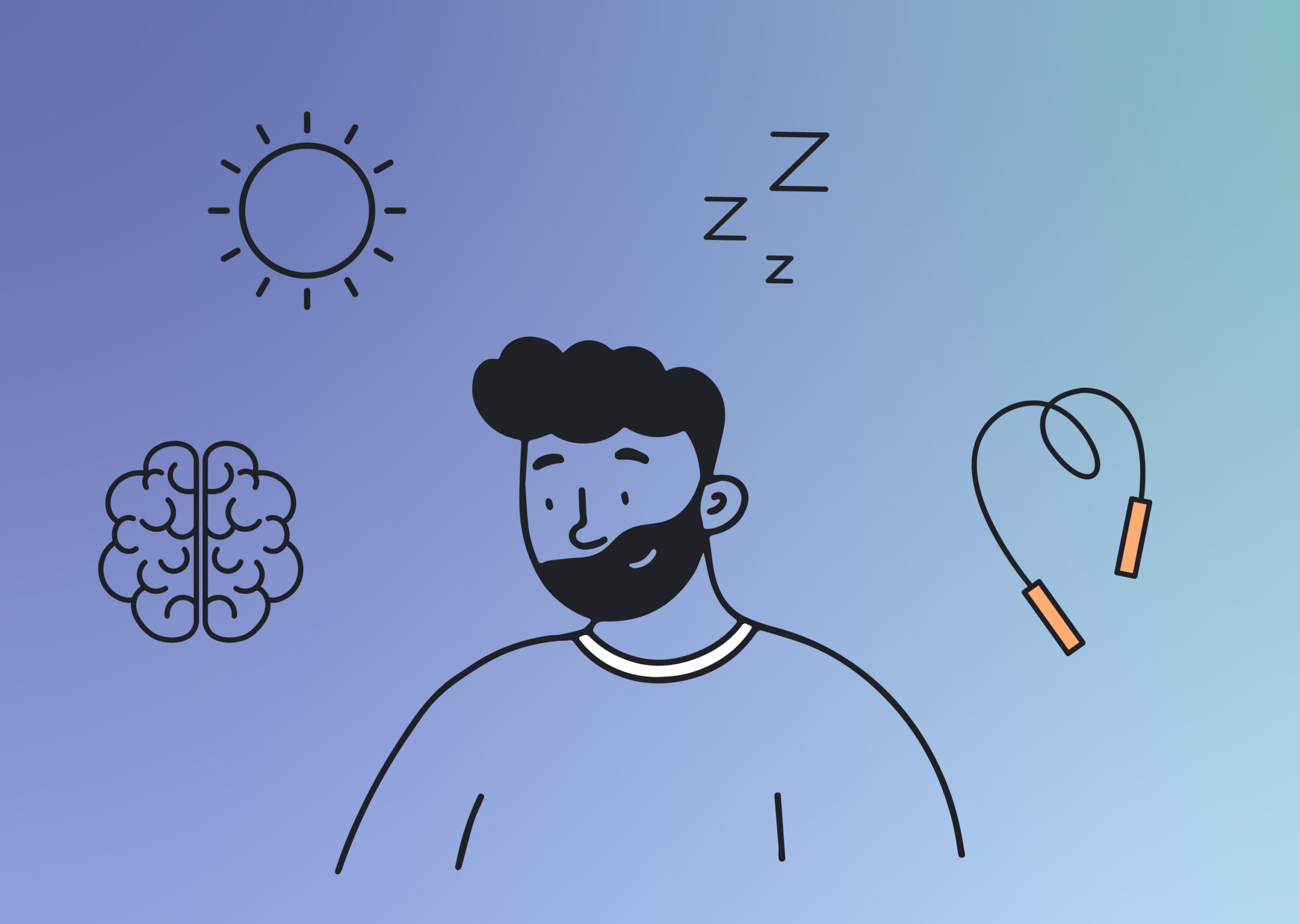 man surrounded by jump rope, sun, brain, and Zzz's