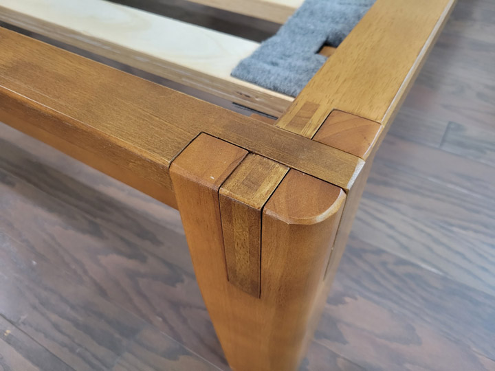 A close shot of the Thuma Bed's Japanese joinery