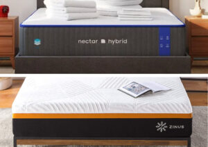 A split image of the Nectar Hybrid and Zinus Hybrid mattresses.