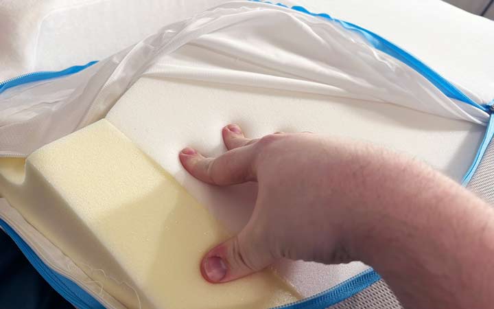 A hand presses into the dense foam within the MedCline wedge.