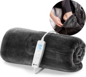 An image of the Vremi electric blanket with a second image above the rolled up blanket showing a foot going into the pocket.