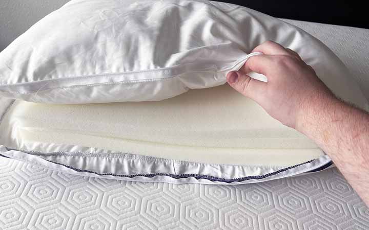 An image revealing the foam pieces inside the Polysleep pillow.