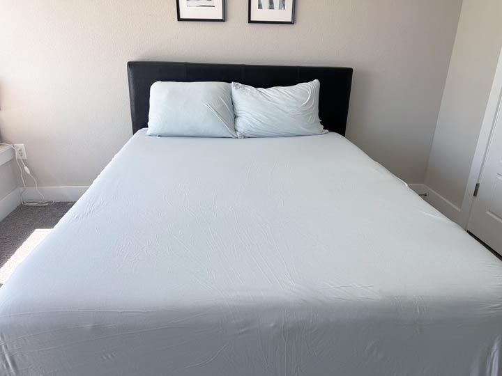 A shot of the TEMPUR-Pedic Rayon sheets dressed on a bed