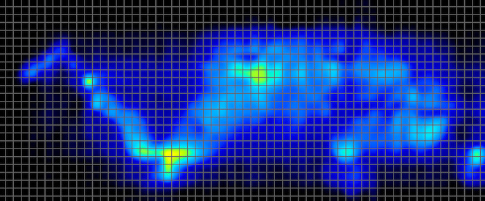 A pressure map for a heavyweight sleeper resting on his side on the Bear Elite Hybrid. There is slight pressure increase around the hips and knees.