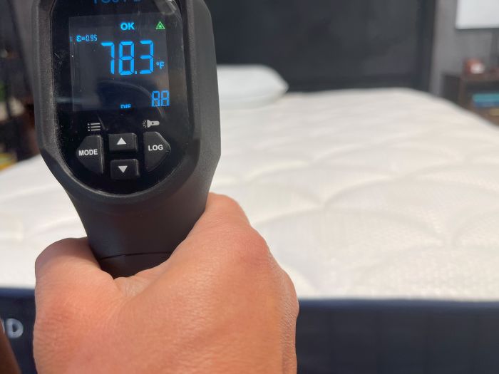 Temperature gun reading on the DreamCloud Memory Foam Mattress