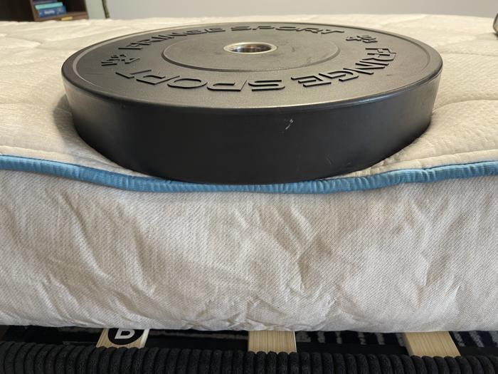Weight plates on the edge of a Bear Cub Kids Mattress