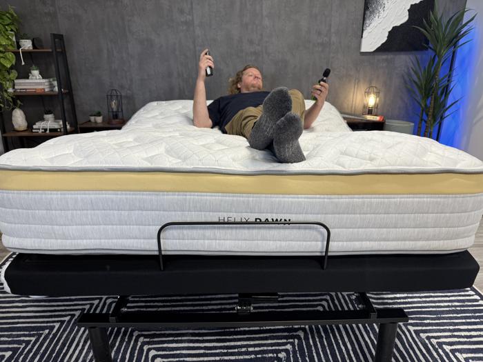 Front view of our product tester on the Helix Adjustable Base